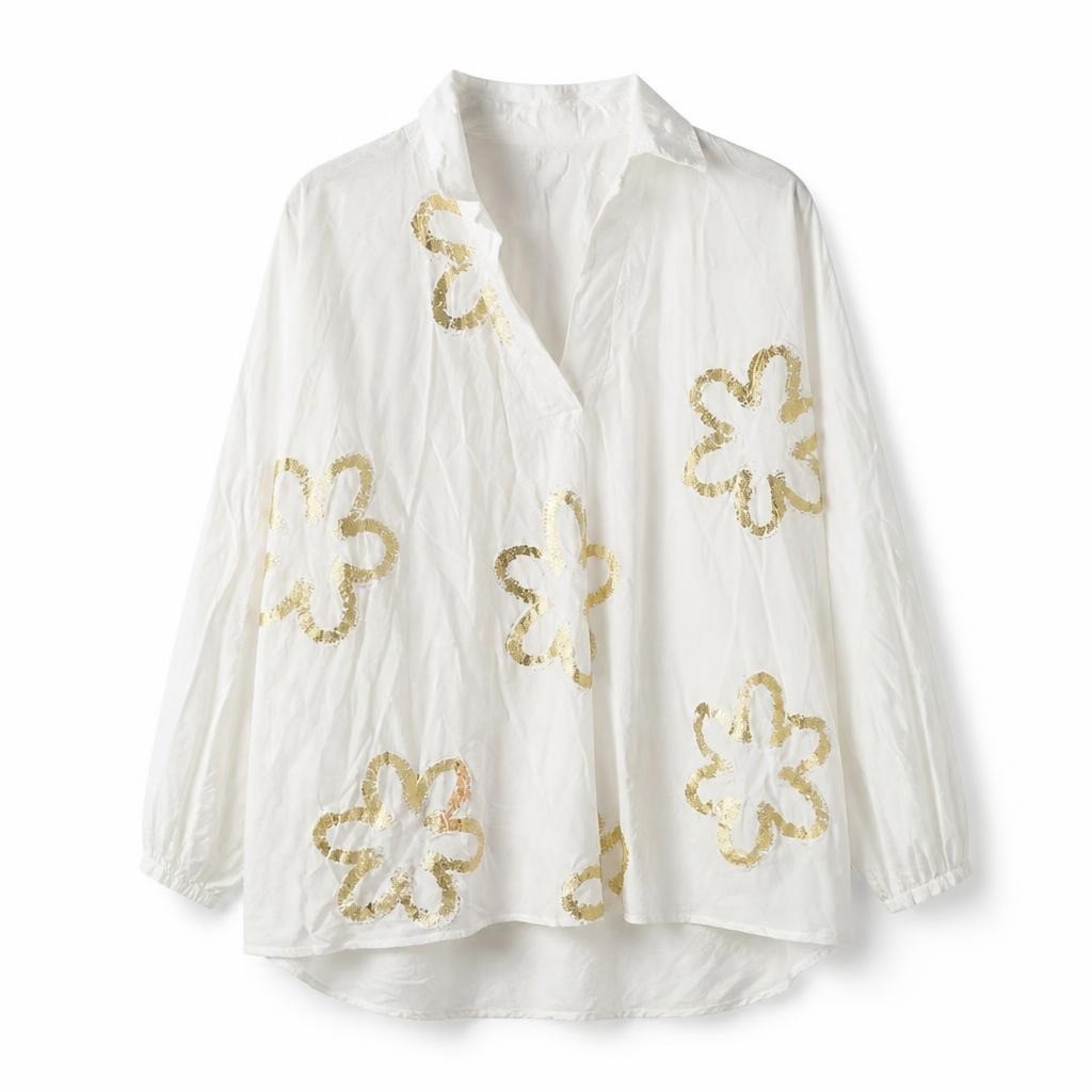 White oversized shirt gold floral print, Made in Italy - second-hand at Why Go Less, Dekwaneh, Lebanon