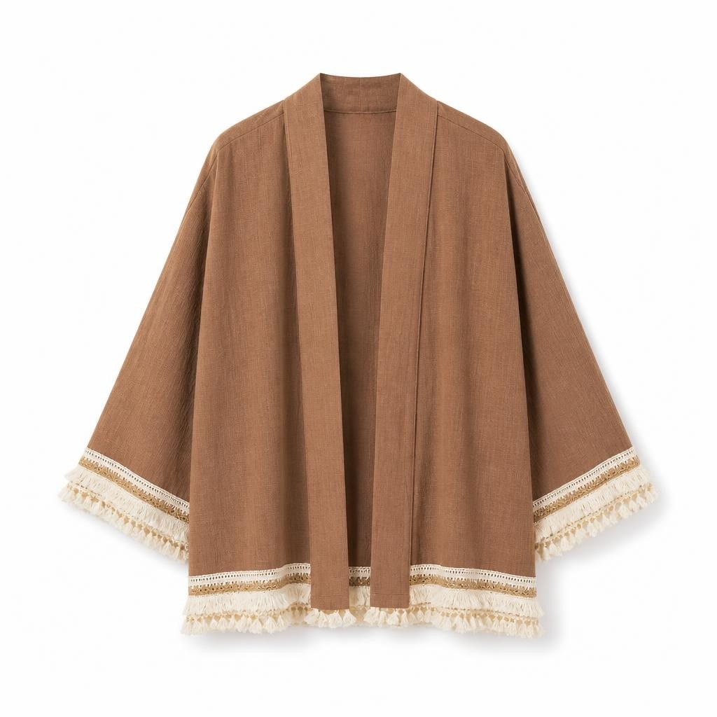 Boho Brown Fringe Kimono Cardigan, one size - second-hand at Why Go Less, Dekwaneh, Lebanon