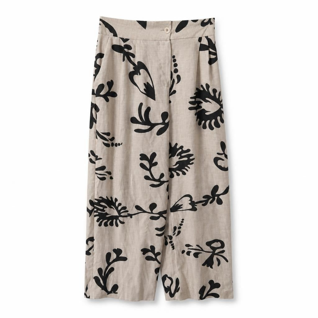 Beige Black Floral Wide-Leg Pants, M-L est. - second-hand at Why Go Less, Dekwaneh, Lebanon