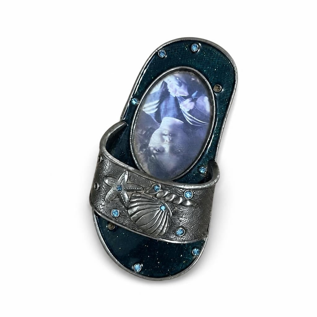 Novelty sandal-shaped photo frame, teal glitter, metal - second-hand at Why Go Less, Dekwaneh, Lebanon