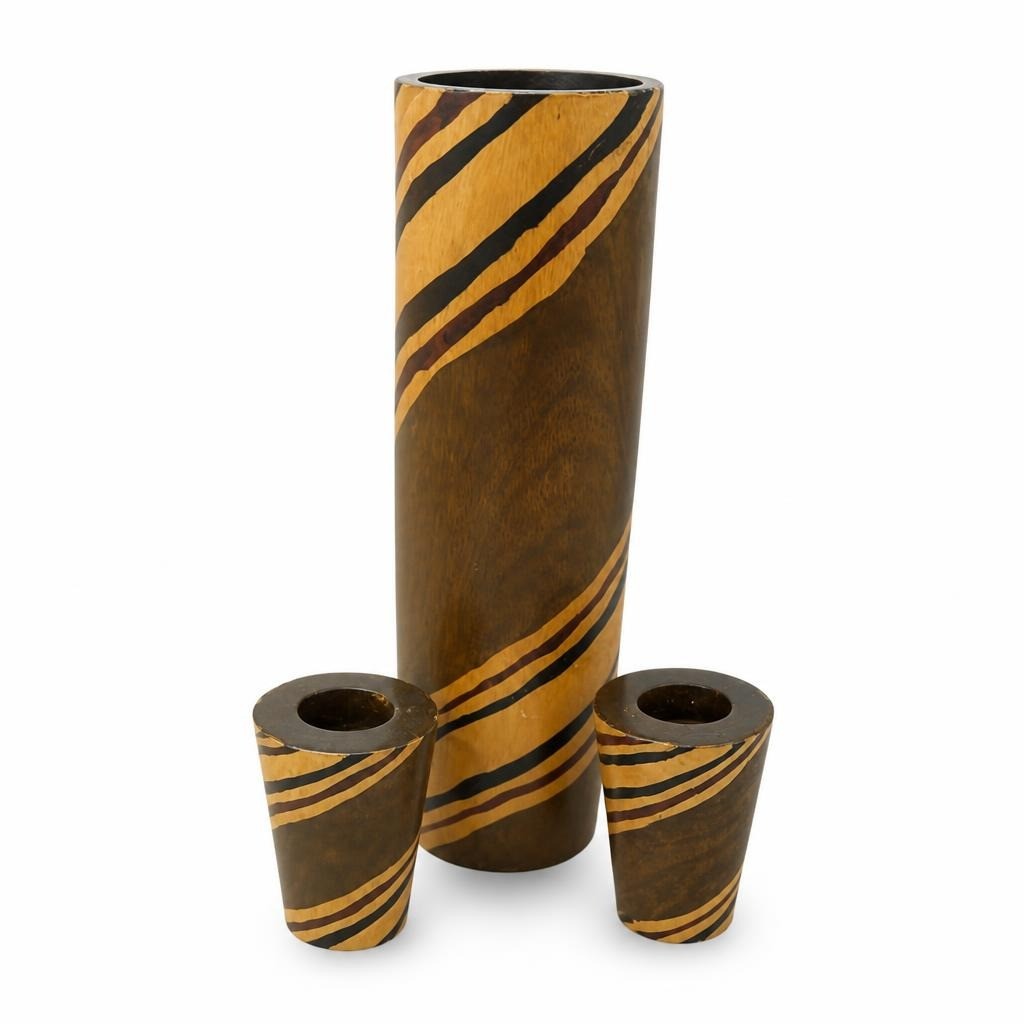 Wooden vase with 2 candle holders, tiger stripe set - second-hand at Why Go Less, Dekwaneh, Lebanon