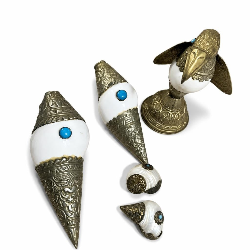 Tibetan brass and shell conch ritual objects set of 5 - second-hand at Why Go Less, Dekwaneh, Lebanon