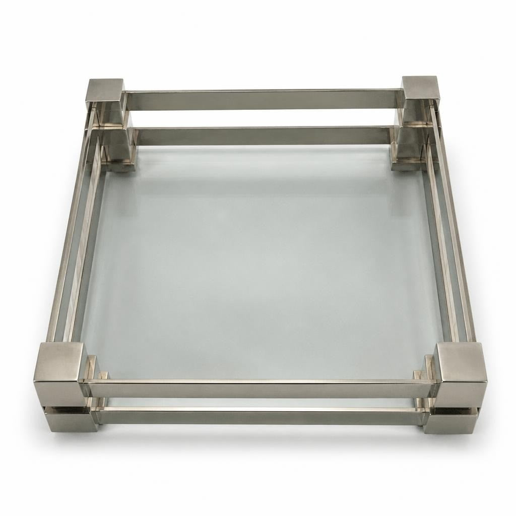Square glass tray with chrome metal frame - second-hand at Why Go Less, Dekwaneh, Lebanon