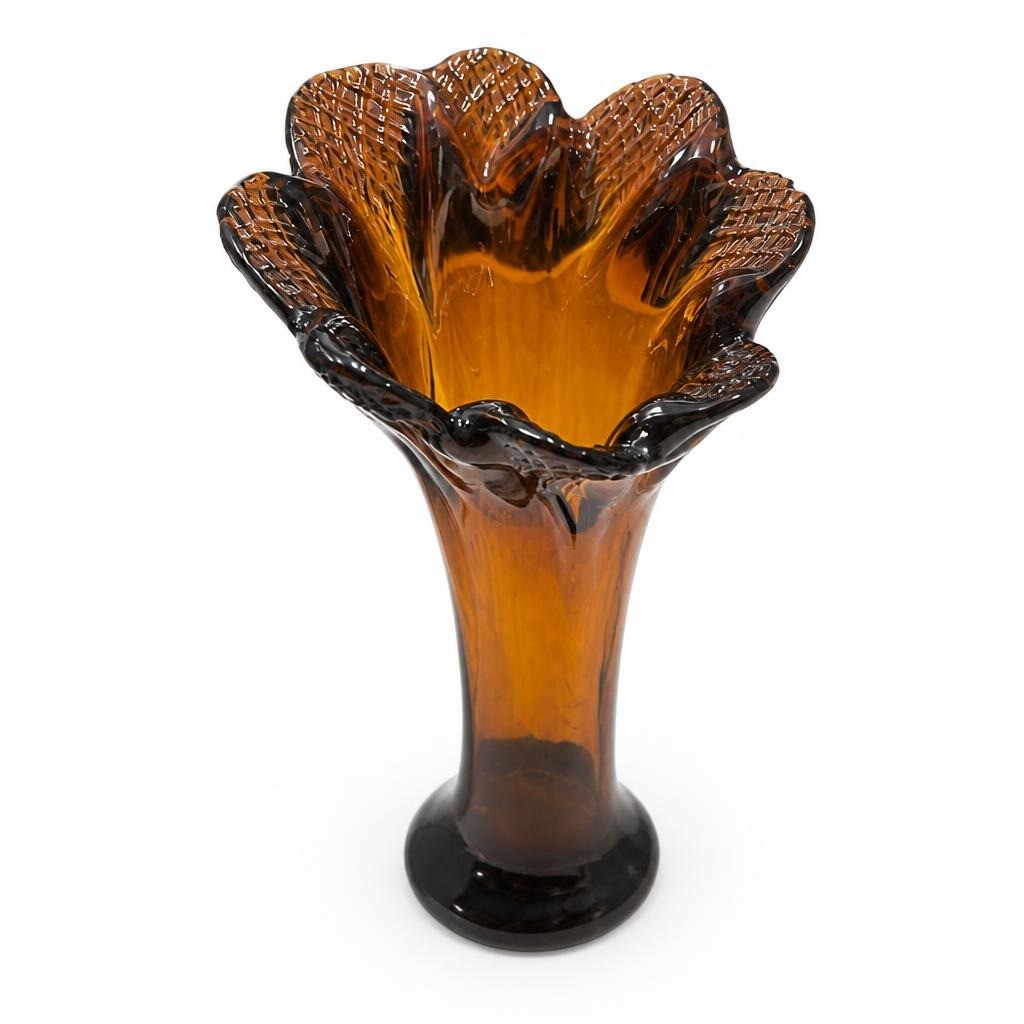 Amber blown glass fluted vase, tall vintage style - second-hand at Why Go Less, Dekwaneh, Lebanon