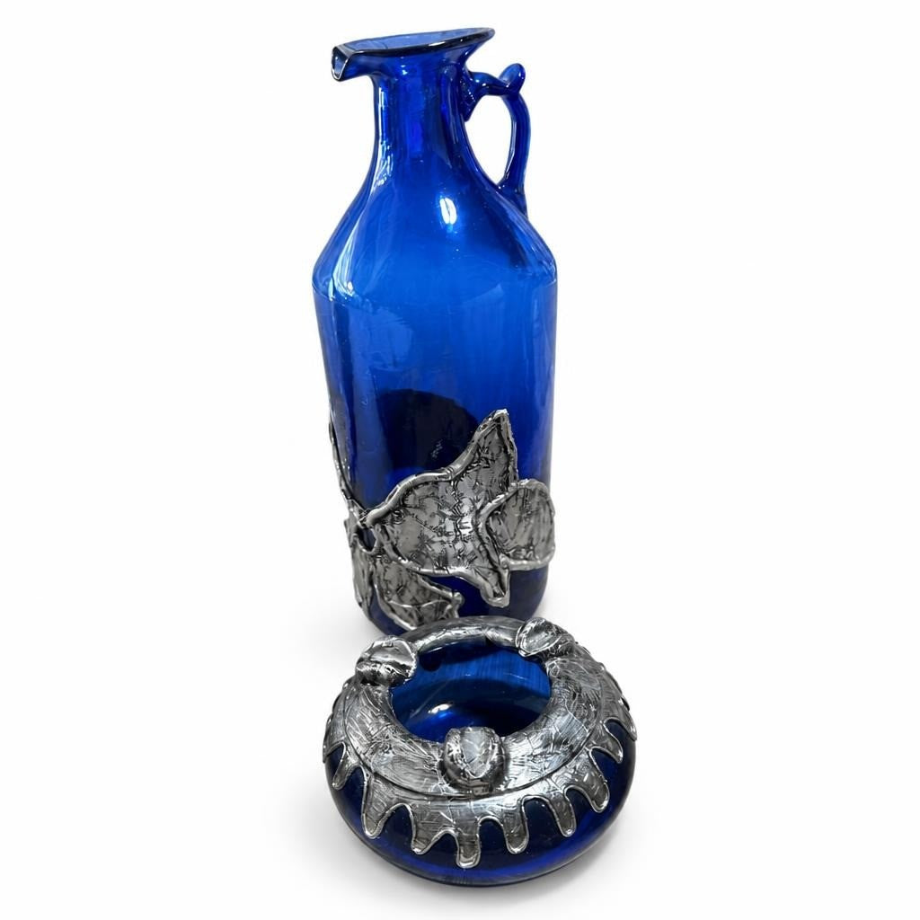 Cobalt blue glass pitcher with silver leaf decor + ashtray - second-hand at Why Go Less, Dekwaneh, Lebanon