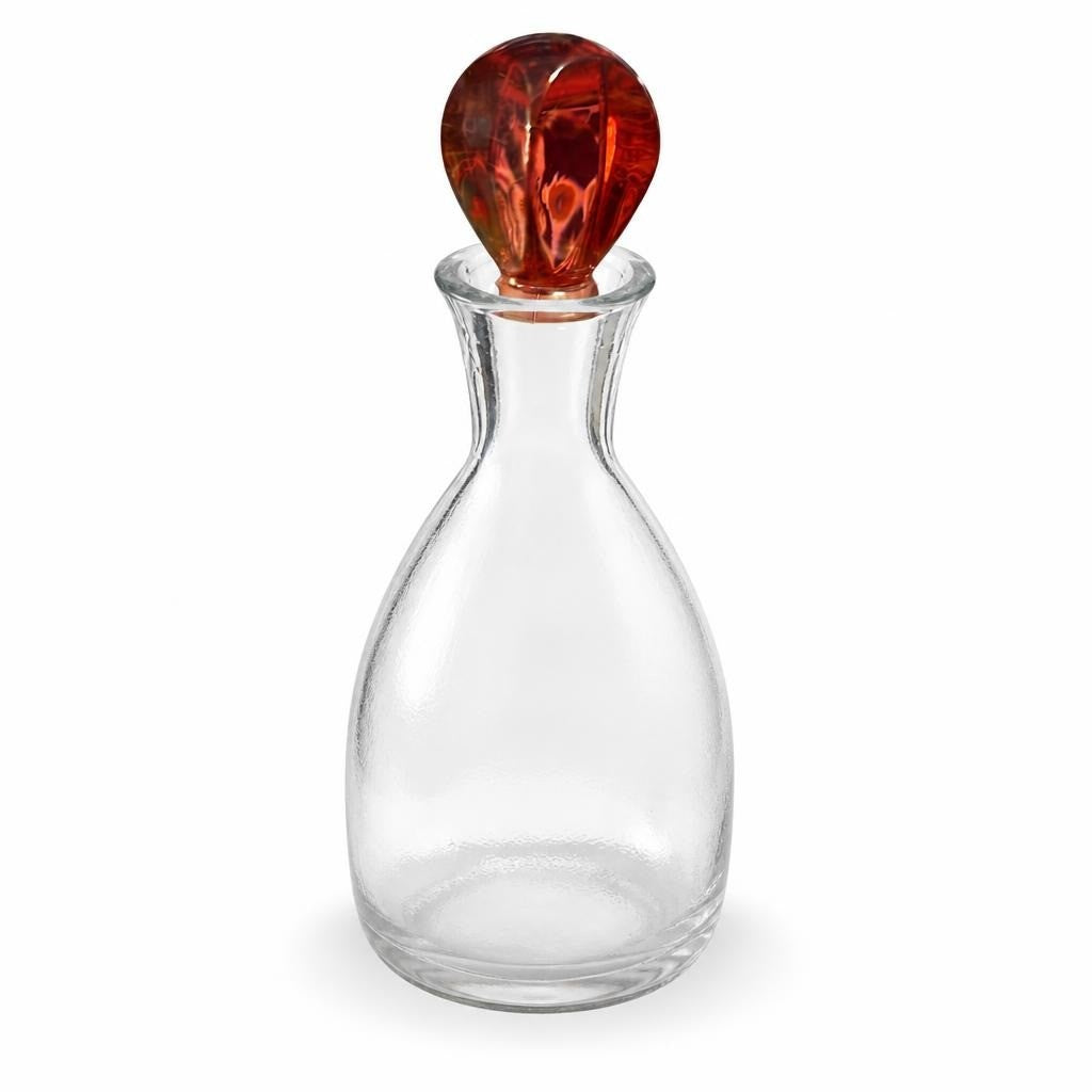 Clear glass decanter with red stopper - second-hand at Why Go Less, Dekwaneh, Lebanon