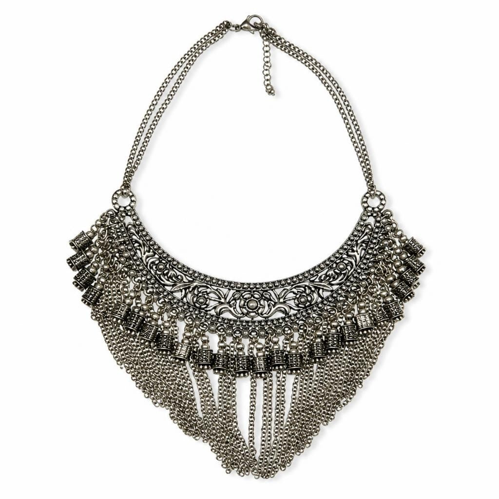 Oxidized silver-tone tribal bib chain fringe necklace - second-hand at Why Go Less, Dekwaneh, Lebanon