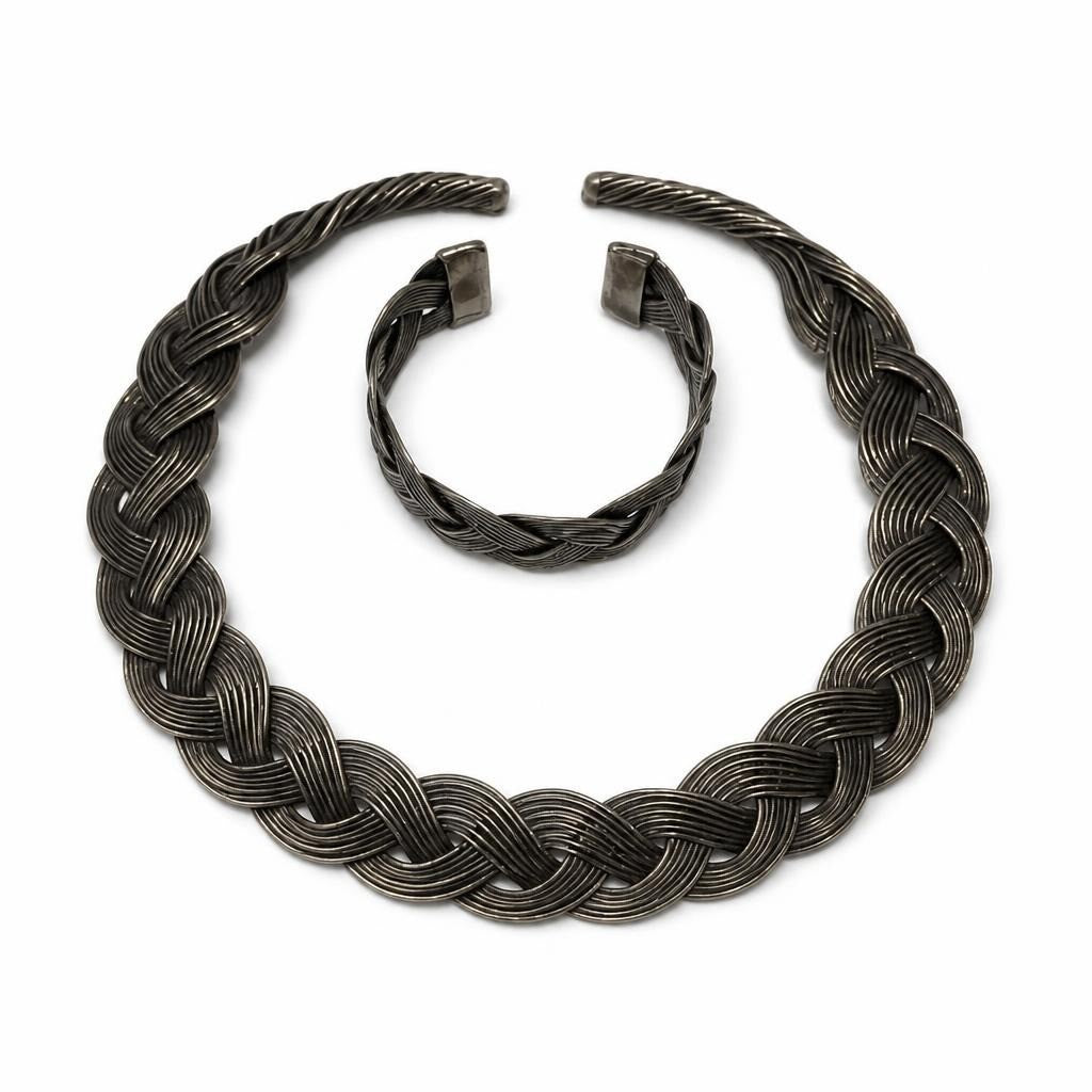 Silver-tone braided woven choker necklace and bracelet set - second-hand at Why Go Less, Dekwaneh, Lebanon
