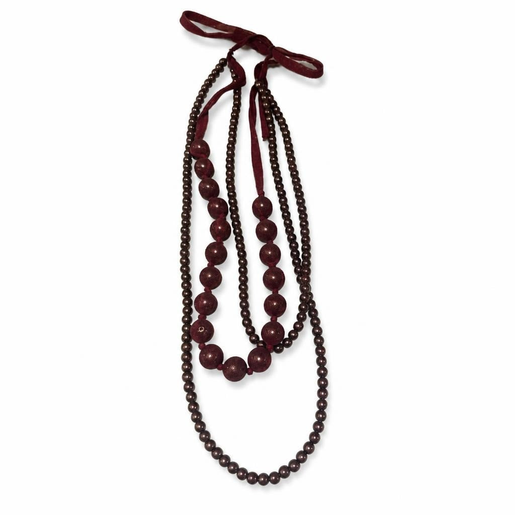 Burgundy multi-strand bead & ribbon tie necklace - second-hand at Why Go Less, Dekwaneh, Lebanon