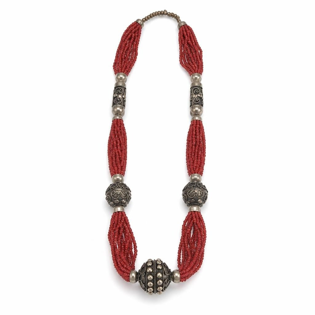 Red seed bead multi-strand silver ethnic necklace - second-hand at Why Go Less, Dekwaneh, Lebanon