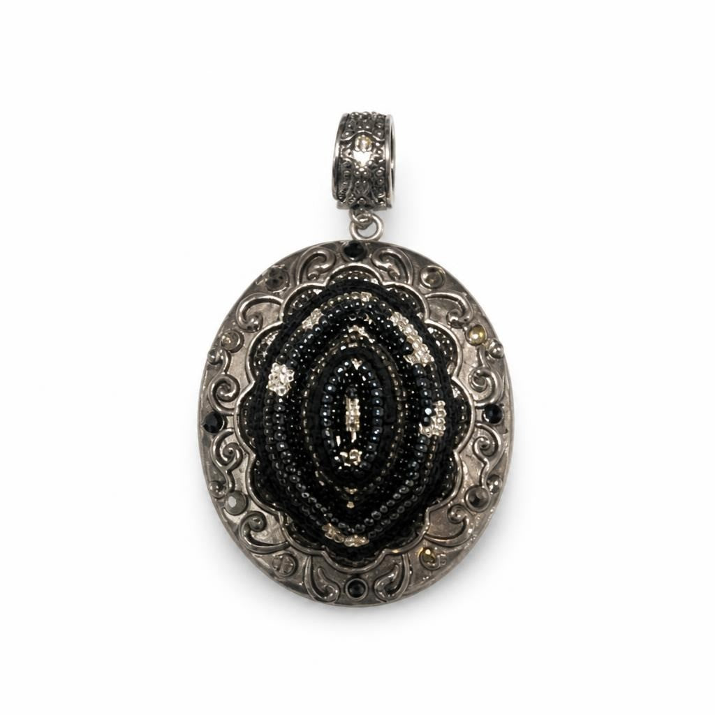 Large silver oval pendant black crystal mosaic design - second-hand at Why Go Less, Dekwaneh, Lebanon