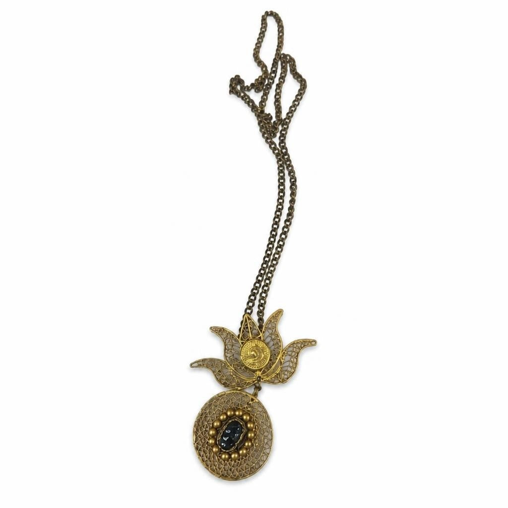 Gold-tone filigree lotus pendant long chain necklace - second-hand at Why Go Less, Dekwaneh, Lebanon