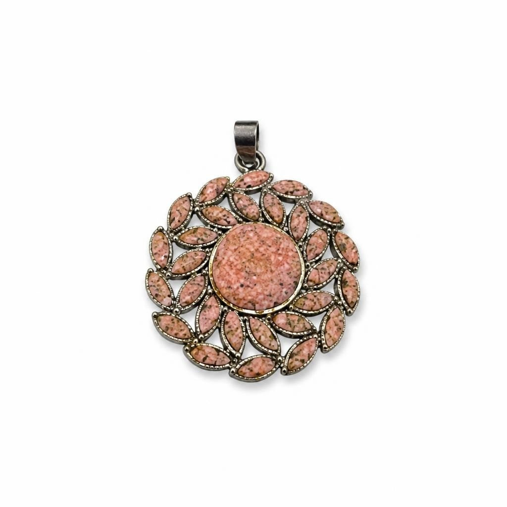 Pink stone floral round pendant silver-tone setting - second-hand at Why Go Less, Dekwaneh, Lebanon