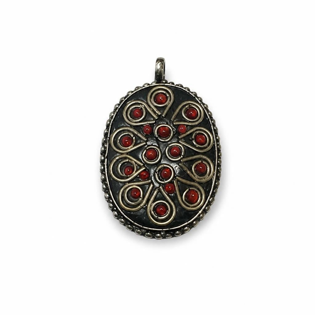 Silver oval pendant red coral beads ethnic - second-hand at Why Go Less, Dekwaneh, Lebanon