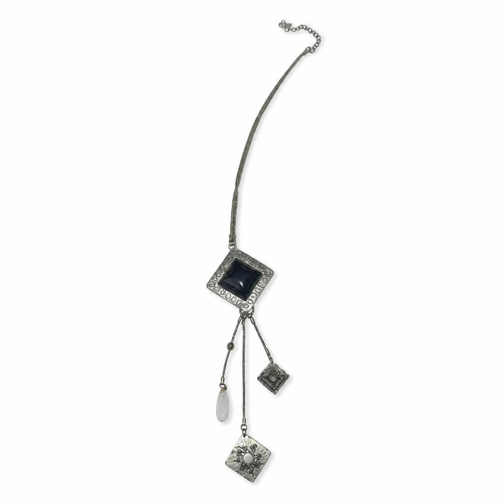 Silver tone necklace black stone square charm drops - second-hand at Why Go Less, Dekwaneh, Lebanon