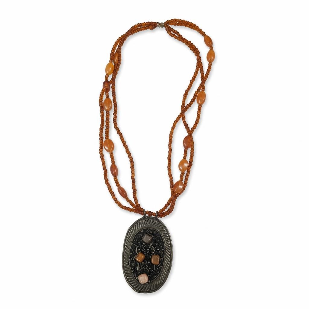 Multi-strand amber bead necklace with dark oval pendant - second-hand at Why Go Less, Dekwaneh, Lebanon