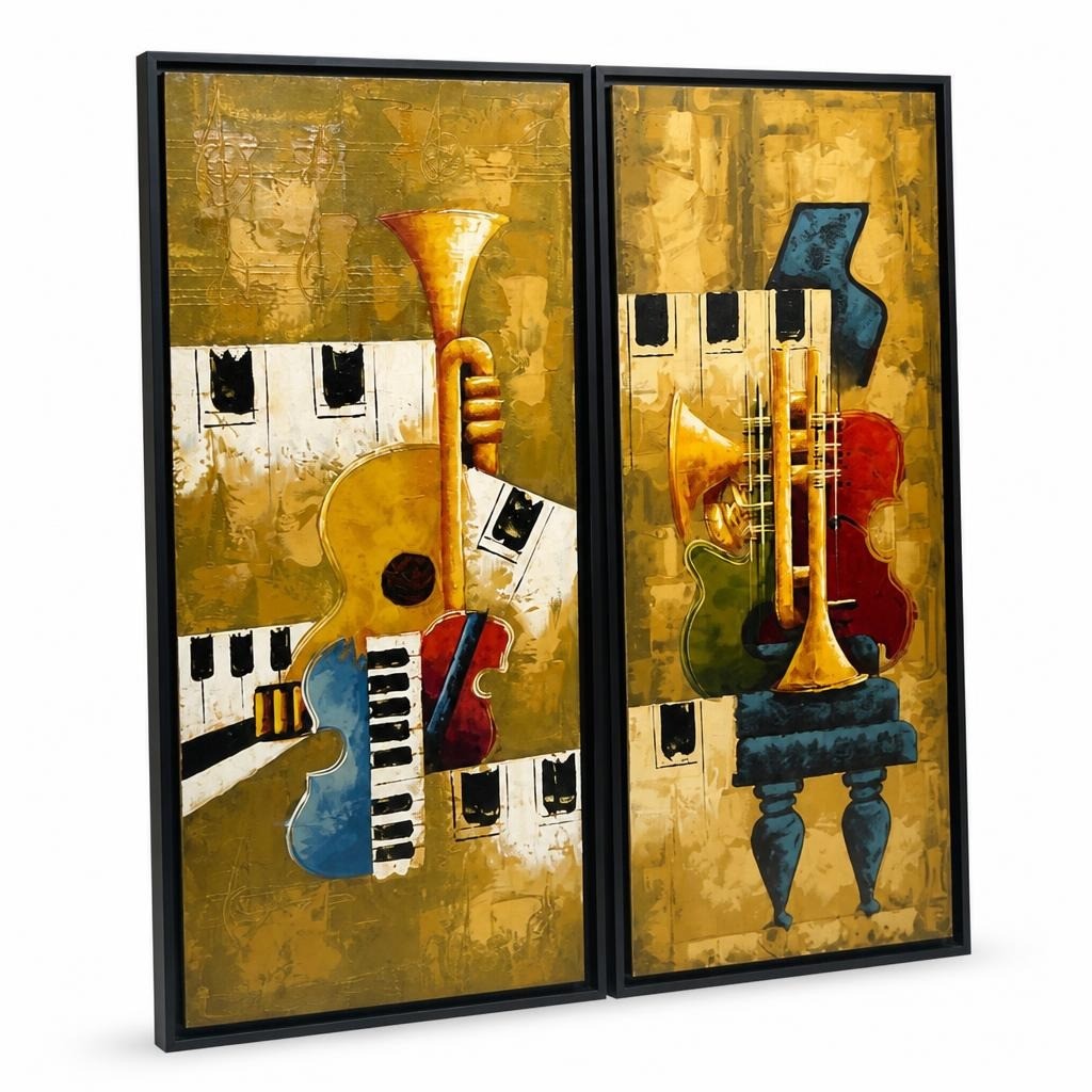 Pair musical instruments abstract paintings, black frame - second-hand at Why Go Less, Dekwaneh, Lebanon