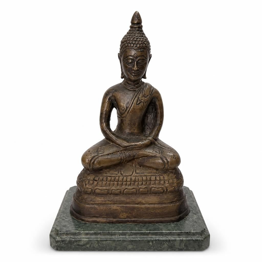 Bronze Buddha statue on green marble base Green marble base with gallery label, décor - second-hand at Why Go Less, Dekwaneh,