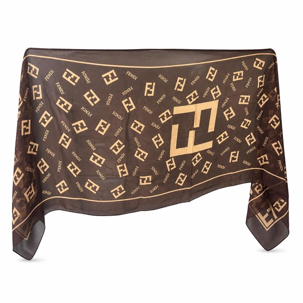 Brown & gold monogram-print sheer scarf - second-hand at Why Go Less, Dekwaneh, Lebanon