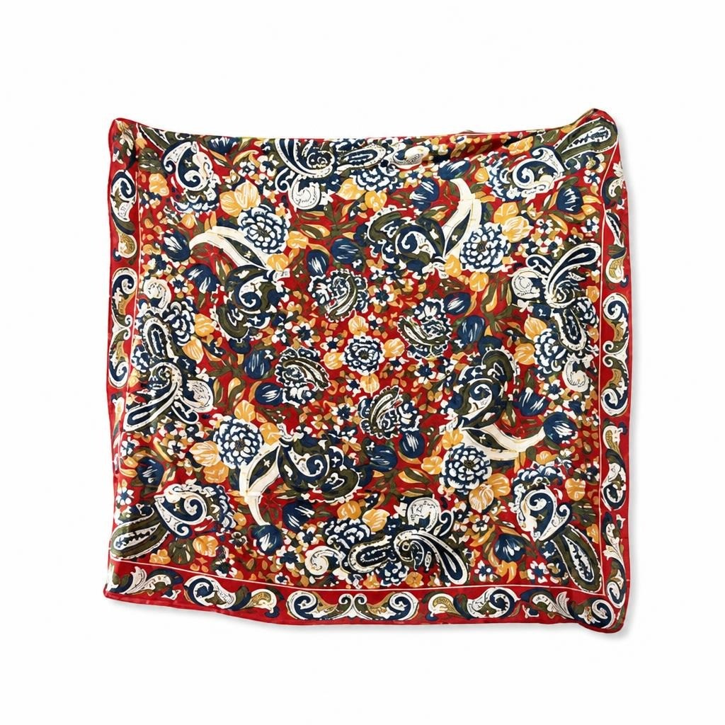 Floral paisley square scarf, red/blue/gold border - second-hand at Why Go Less, Dekwaneh, Lebanon