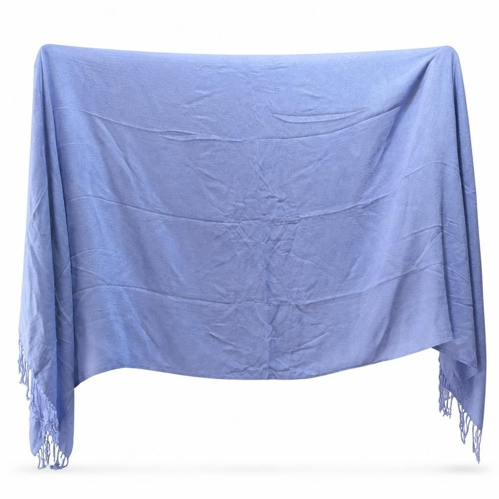 Solid blue-grey fringed pashmina shawl/wrap - second-hand at Why Go Less, Dekwaneh, Lebanon