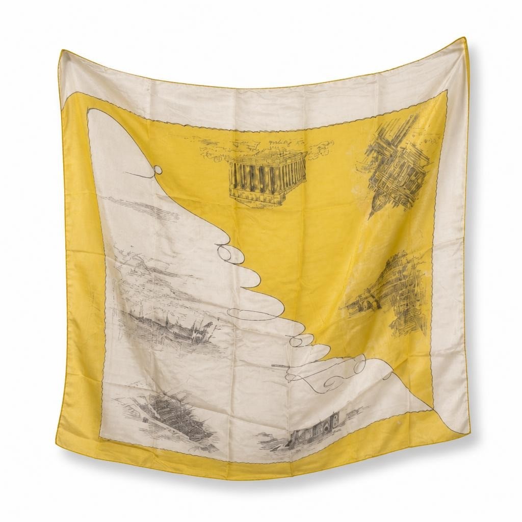 Yellow souvenir scarf with architectural print - second-hand at Why Go Less, Dekwaneh, Lebanon