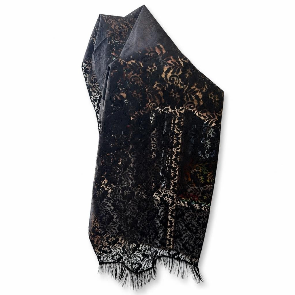 Black floral lace shawl with fringe hem - second-hand at Why Go Less, Dekwaneh, Lebanon