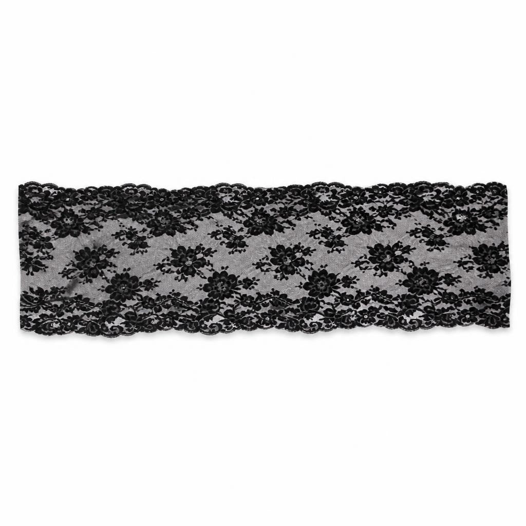 Black floral lace fabric panel, wide trim - second-hand at Why Go Less, Dekwaneh, Lebanon