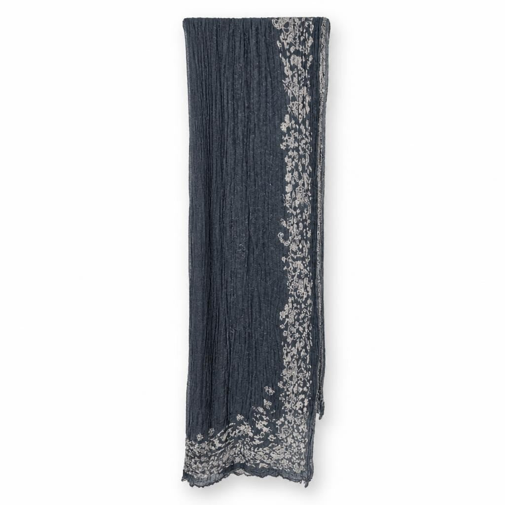 Black crinkle scarf with beige floral border print - second-hand at Why Go Less, Dekwaneh, Lebanon