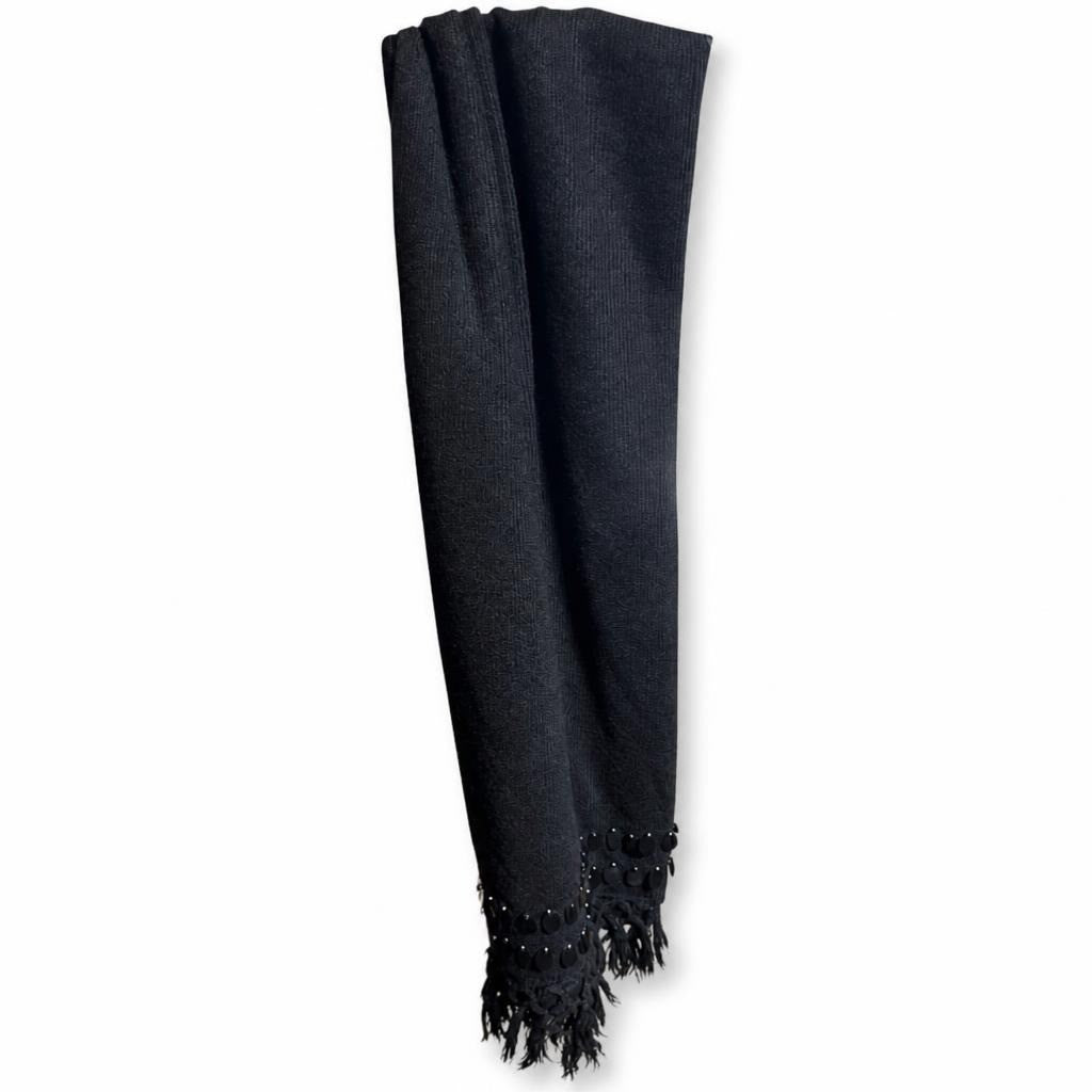 Black knit scarf with bead and feather fringe trim - second-hand at Why Go Less, Dekwaneh, Lebanon