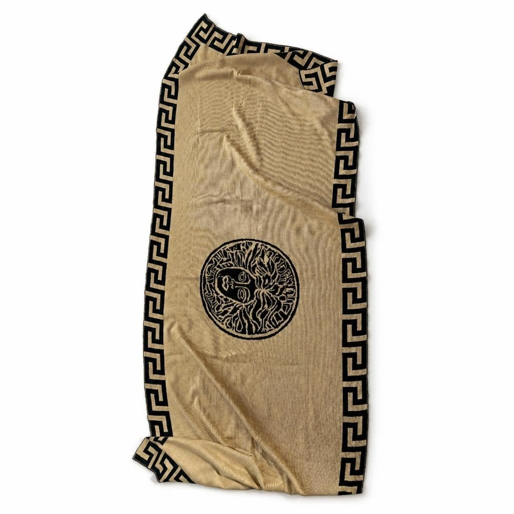 Gold & black Greek-key print blanket shawl - second-hand at Why Go Less, Dekwaneh, Lebanon