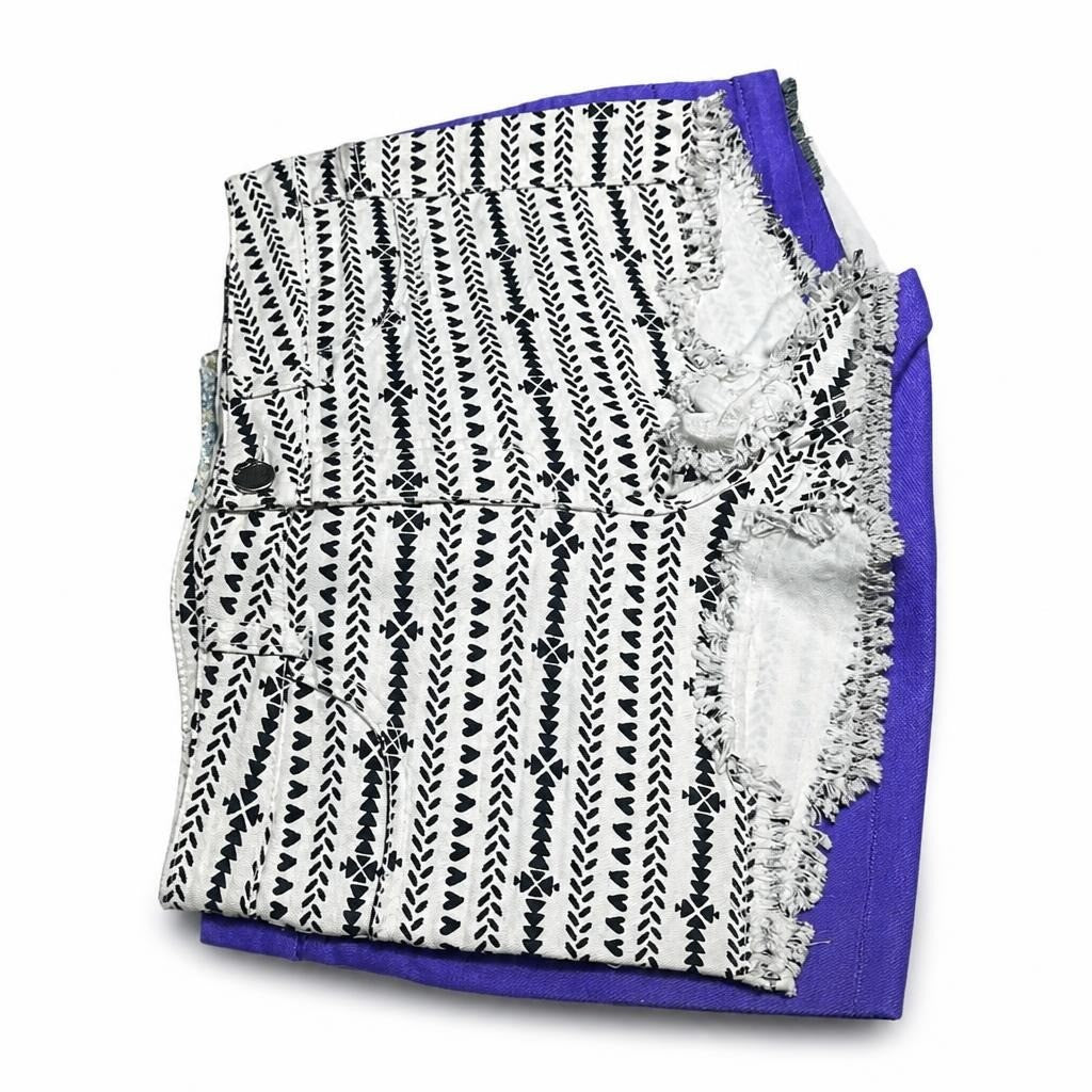 Printed white & black denim shorts, purple trim - second-hand at Why Go Less, Dekwaneh, Lebanon