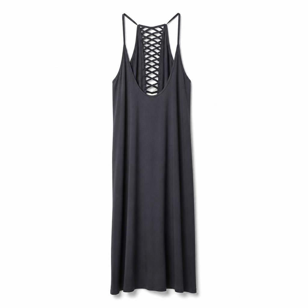 Dark grey maxi dress with lace-up back detail - second-hand at Why Go Less, Dekwaneh, Lebanon