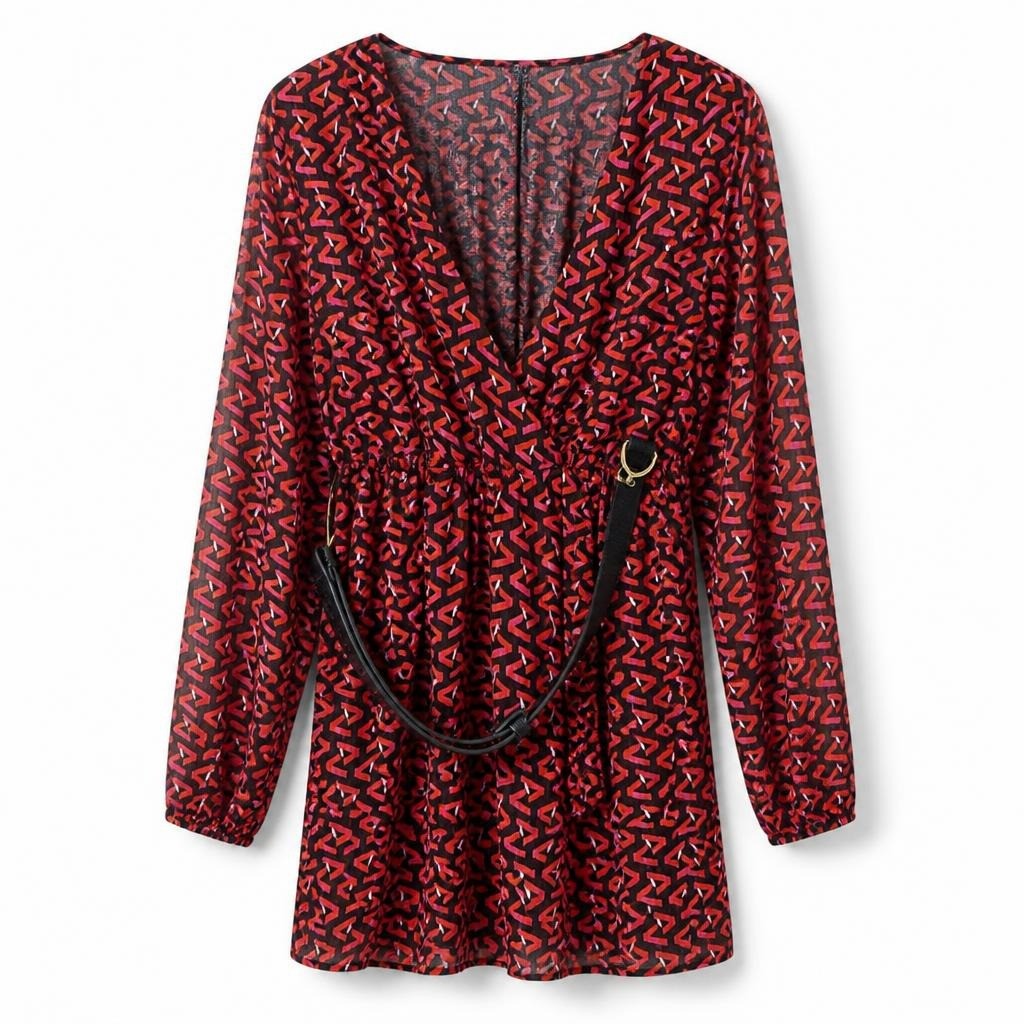 Red geometric print long-sleeve mini dress w/ belt - second-hand at Why Go Less, Dekwaneh, Lebanon