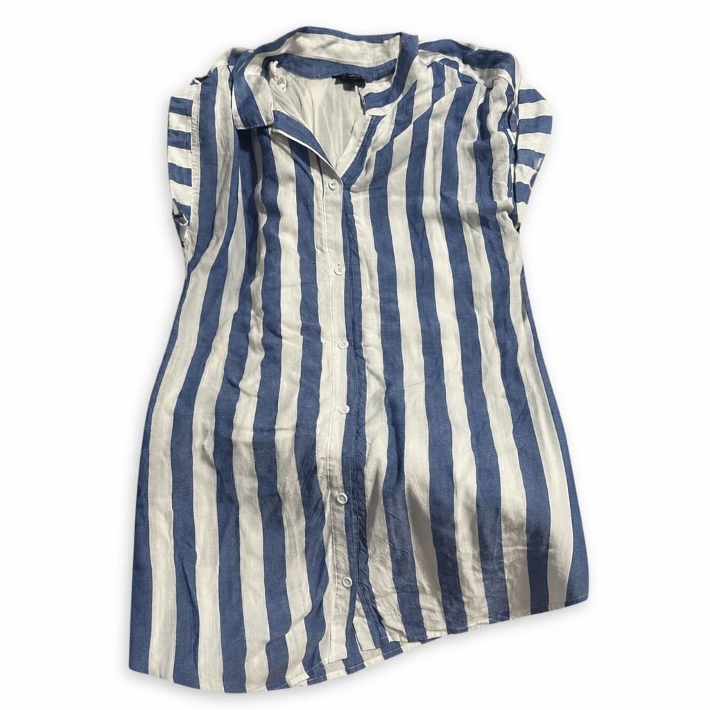 Blue white striped short-sleeve linen shirt dress - second-hand at Why Go Less, Dekwaneh, Lebanon