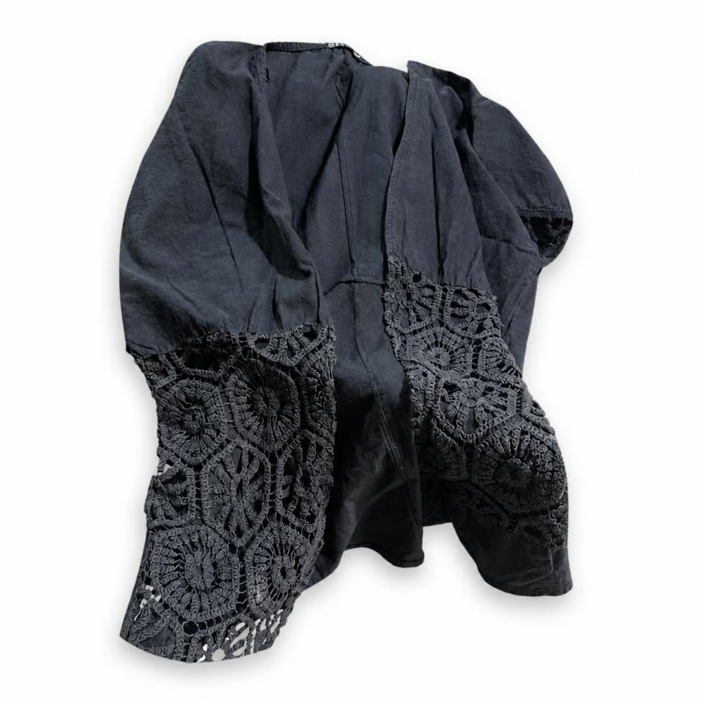 black linen jacket with crochet lace hem detail - second-hand at Why Go Less, Dekwaneh, Lebanon