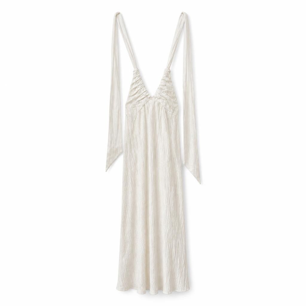 White crinkle satin tie-strap midi dress - second-hand at Why Go Less, Dekwaneh, Lebanon
