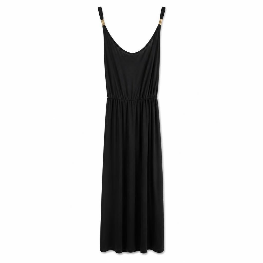 Black jersey maxi dress, gold hardware straps - second-hand at Why Go Less, Dekwaneh, Lebanon