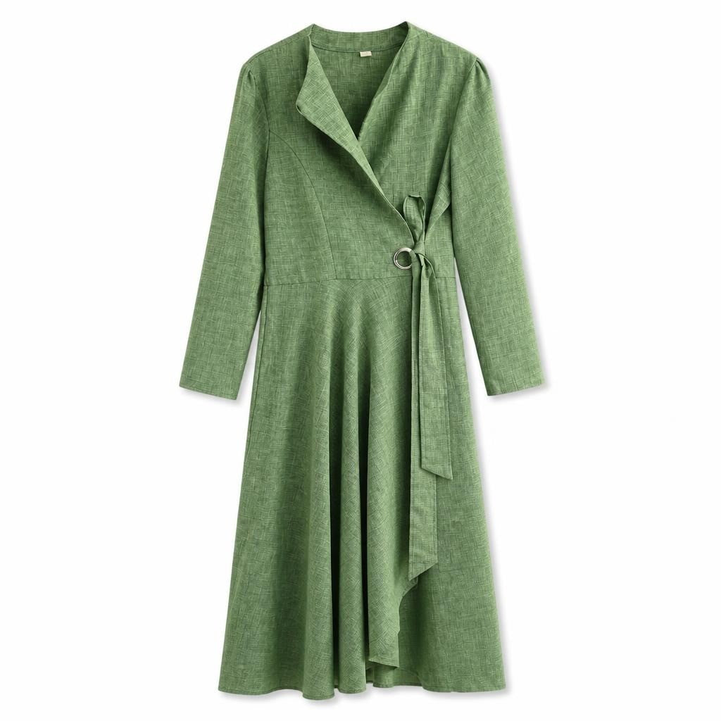 Green linen wrap midi dress, V-neck, belted - second-hand at Why Go Less, Dekwaneh, Lebanon