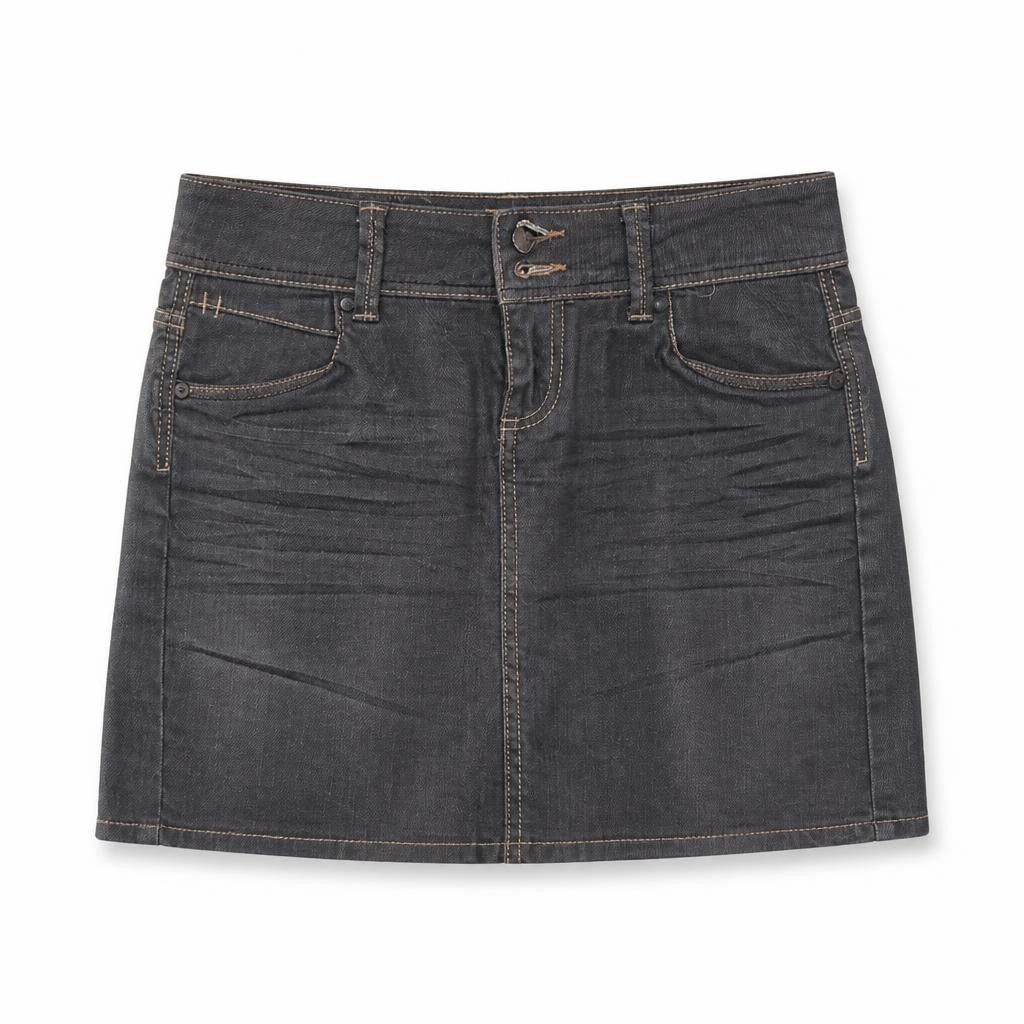 Dark grey denim mini skirt, contrast stitching - second-hand at Why Go Less, Dekwaneh, Lebanon