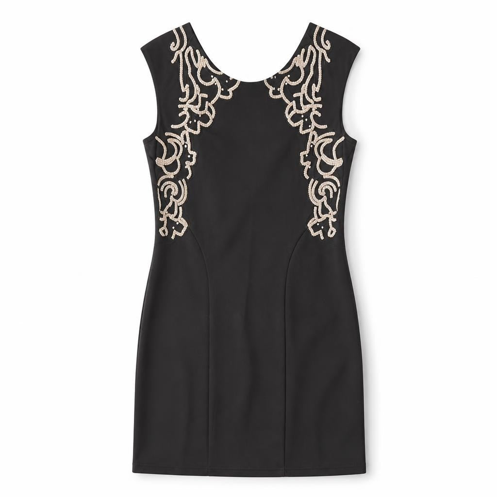 Black mini dress beige rope embroidery sleeveless - second-hand at Why Go Less, Dekwaneh, Lebanon