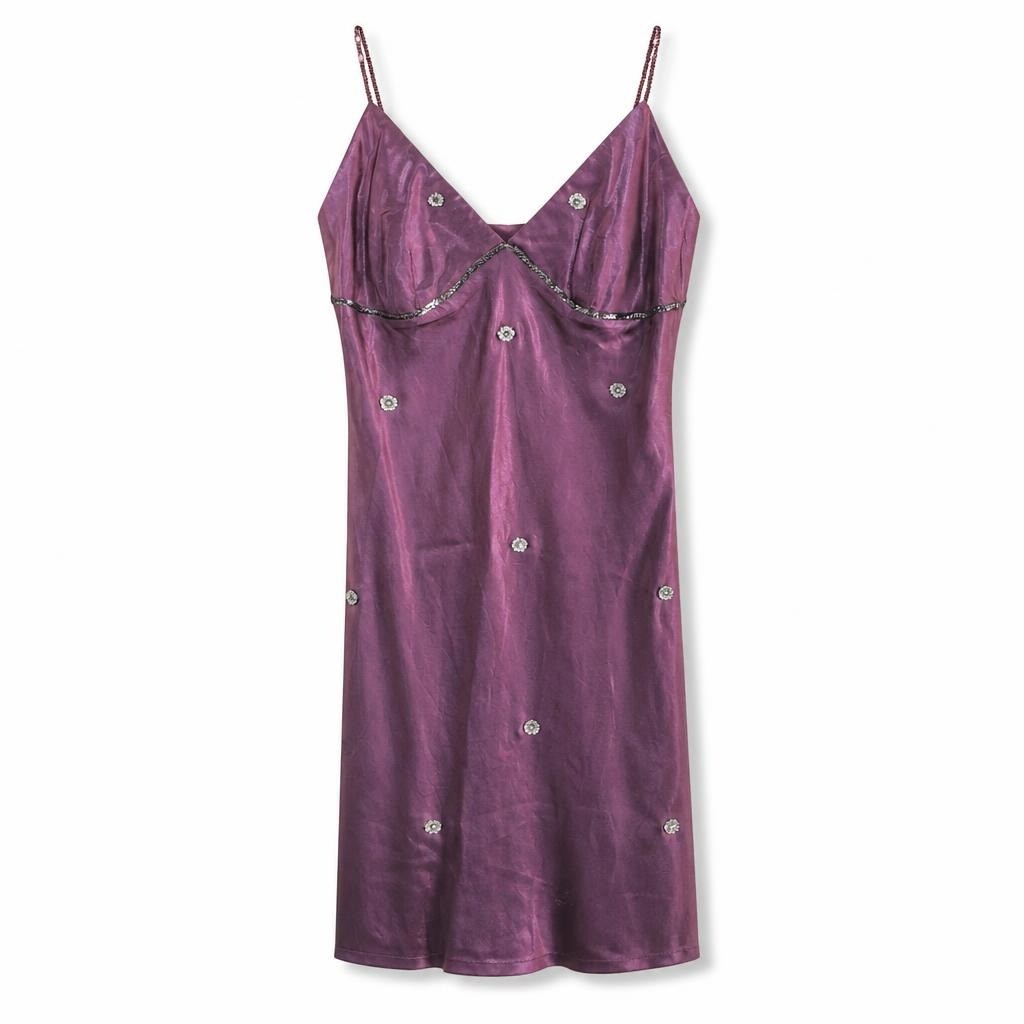 Purple satin slip midi dress rhinestone details - second-hand at Why Go Less, Dekwaneh, Lebanon