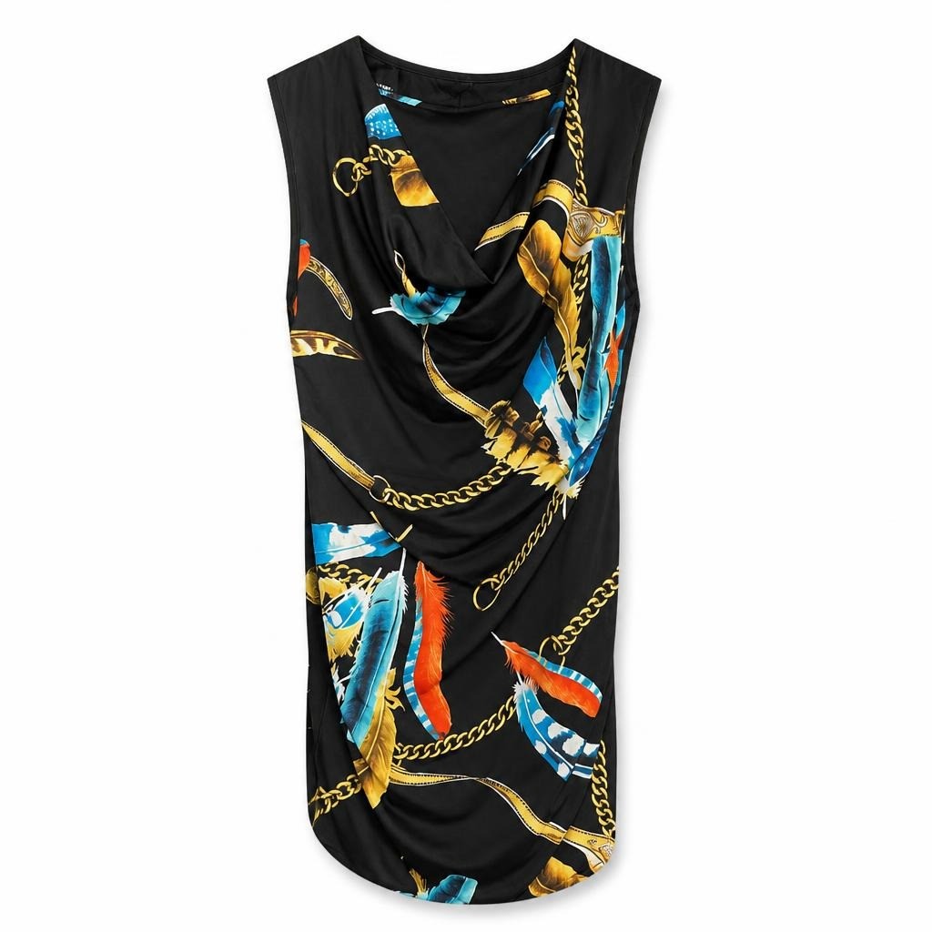 Black feather & chain print cowl neck dress - second-hand at Why Go Less, Dekwaneh, Lebanon