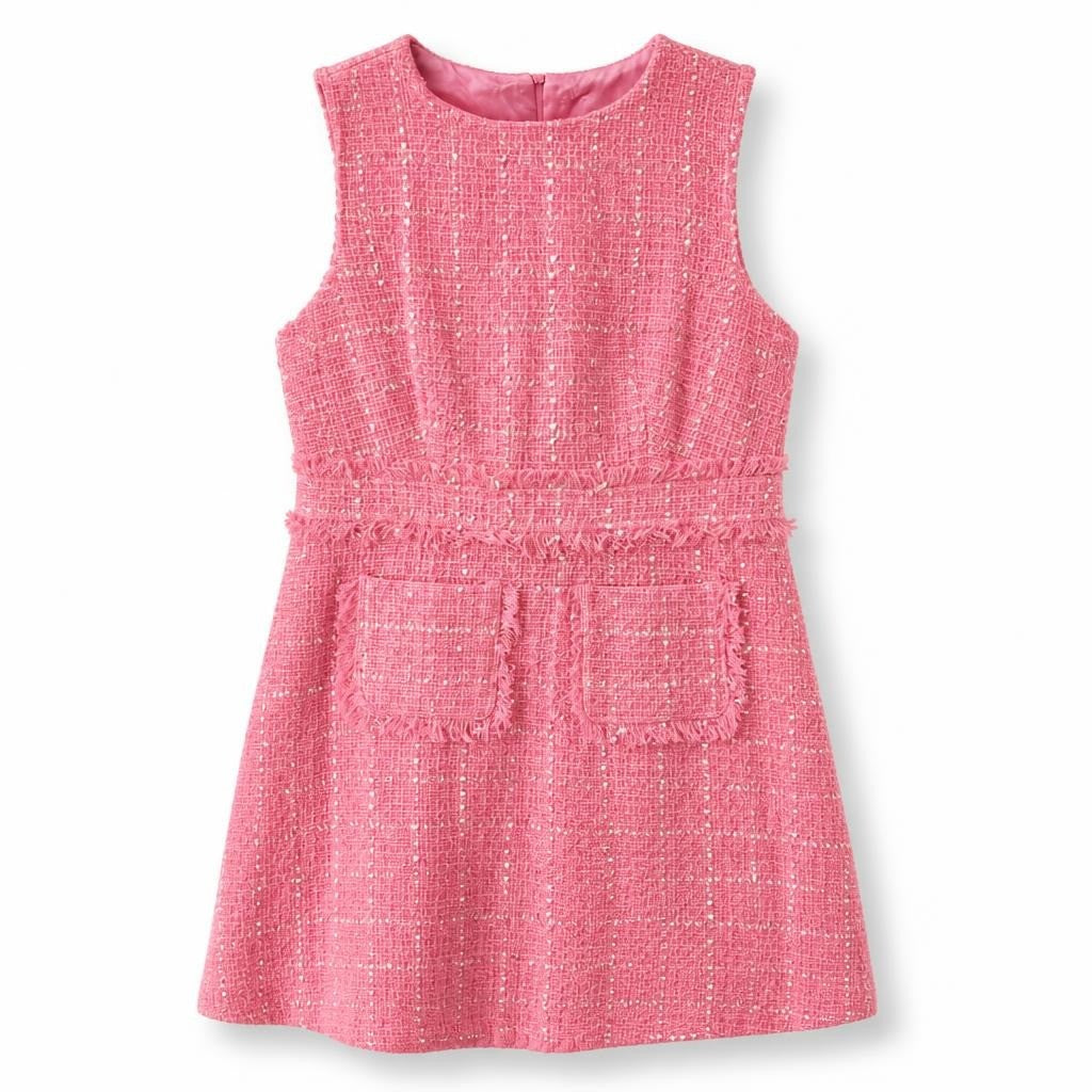 Pink tweed sleeveless mini dress gold detail - second-hand at Why Go Less, Dekwaneh, Lebanon
