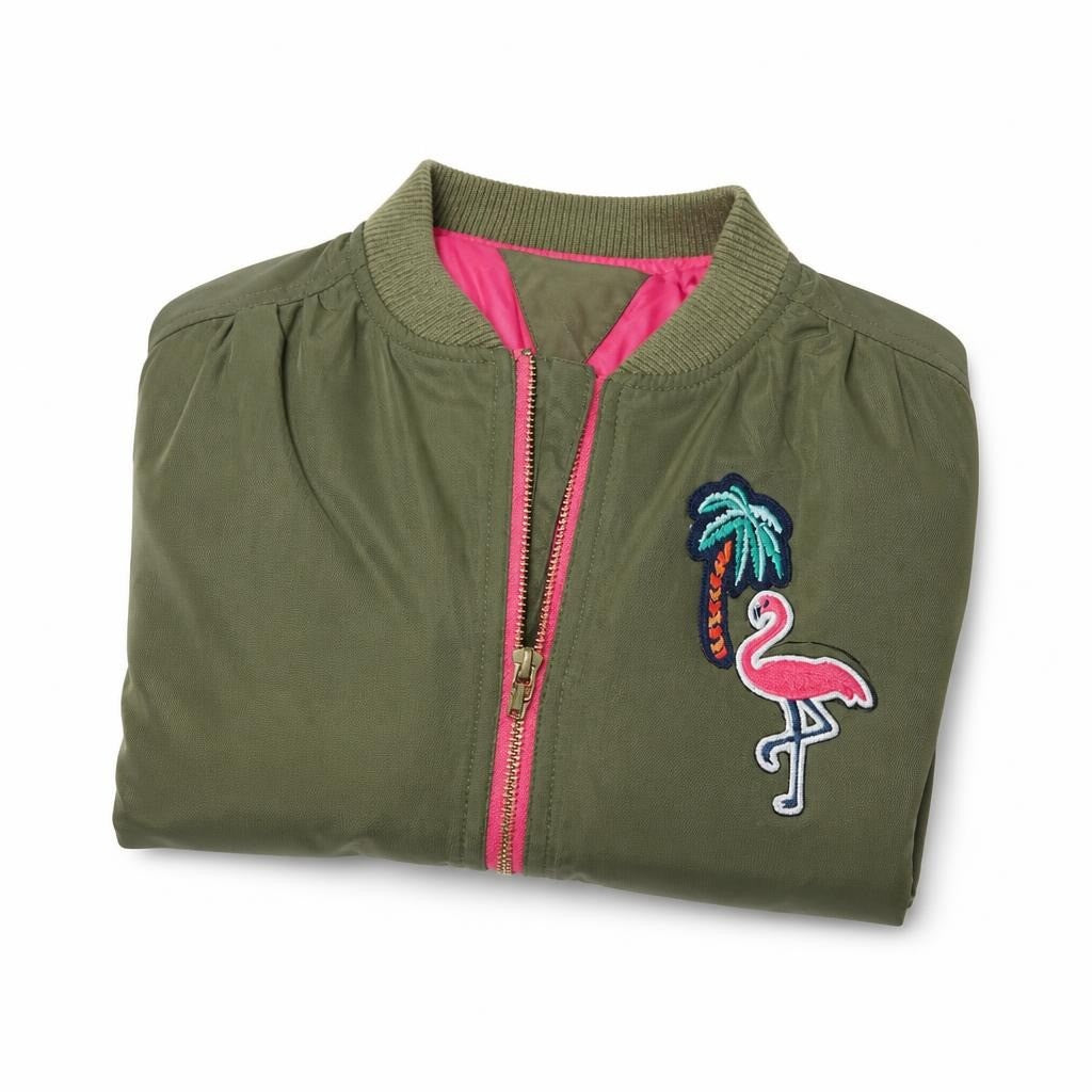 Tommy Hilfiger olive bomber jacket flamingo patch - second-hand at Why Go Less, Dekwaneh, Lebanon