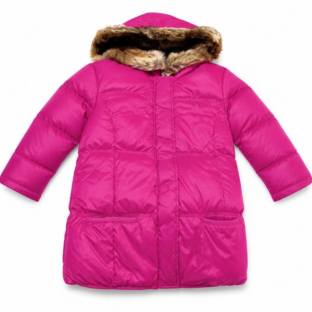 Tommy Hilfiger pink puffer jacket faux fur hood - second-hand at Why Go Less, Dekwaneh, Lebanon