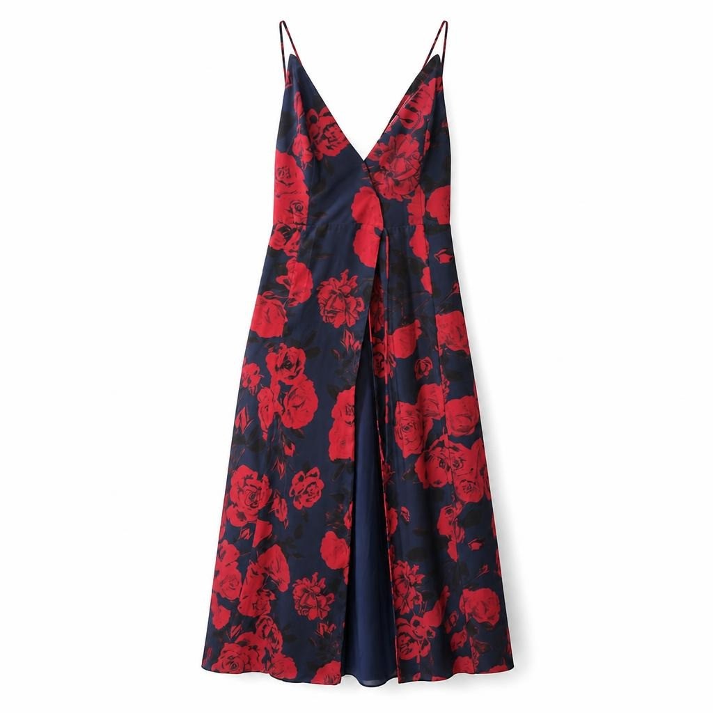 Navy blue red floral maxi dress spaghetti strap - second-hand at Why Go Less, Dekwaneh, Lebanon