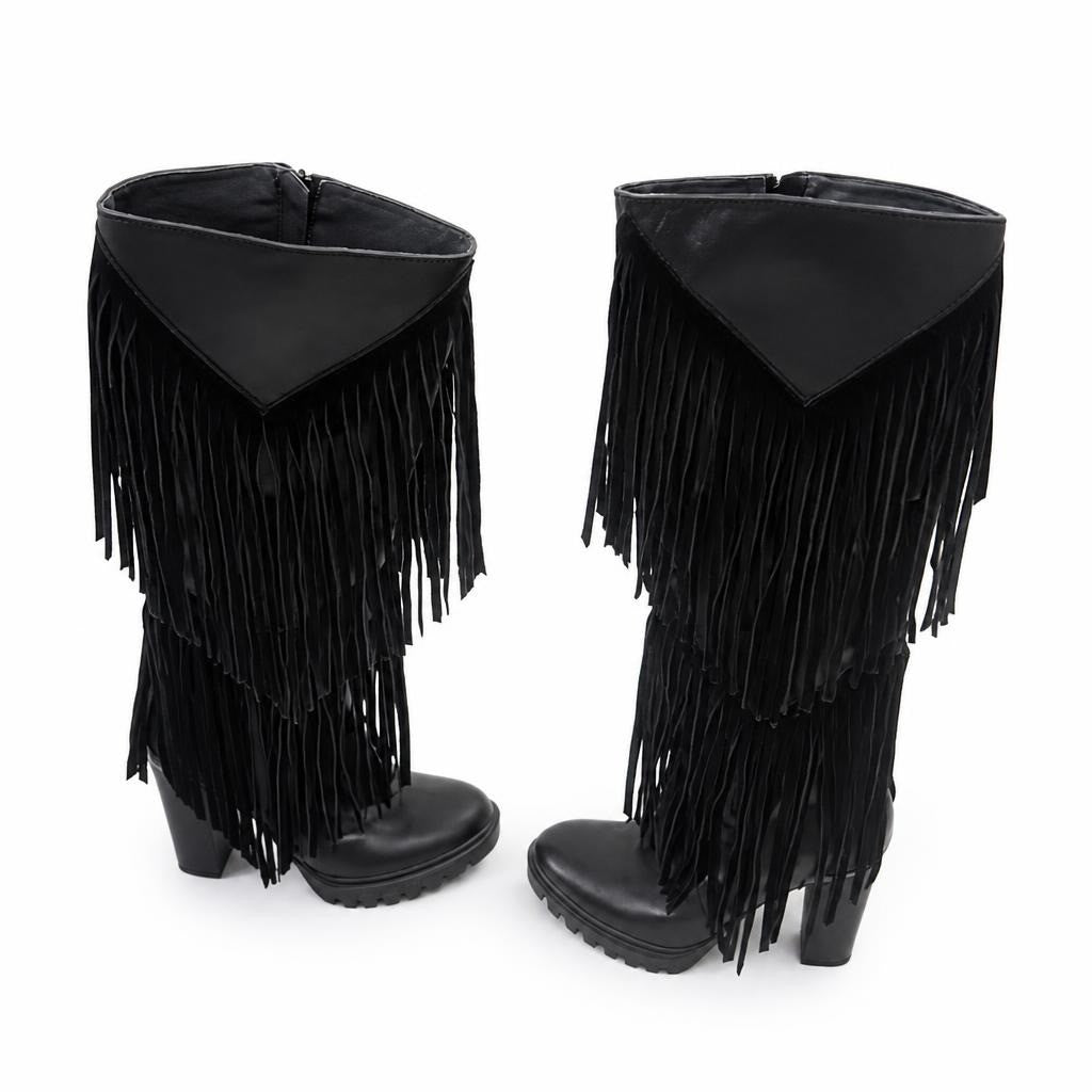 Black suede fringe heeled knee boots - second-hand at Why Go Less, Dekwaneh, Lebanon