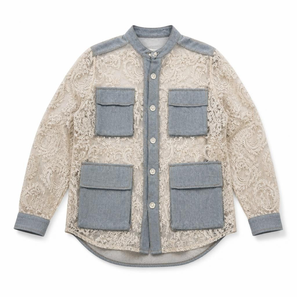 Gray denim and lace patchwork button jacket - second-hand at Why Go Less, Dekwaneh, Lebanon