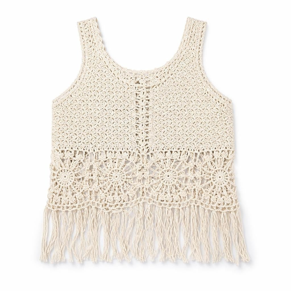 Cream crochet fringe crop top, boho style - second-hand at Why Go Less, Dekwaneh, Lebanon
